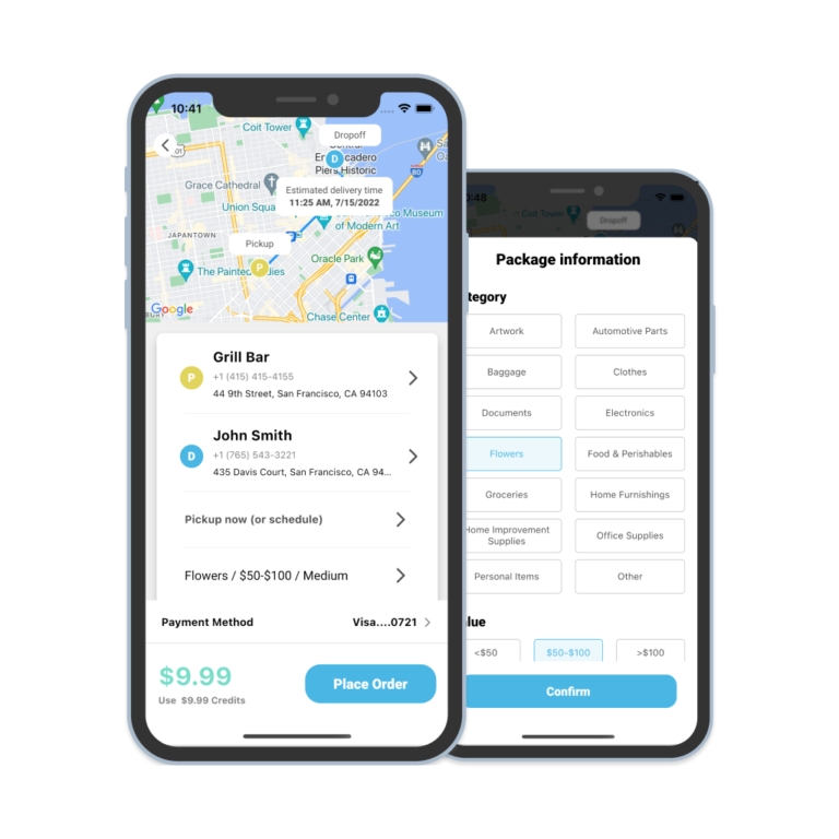 Screenshots of the Hyperflyer instant delivery mobile app